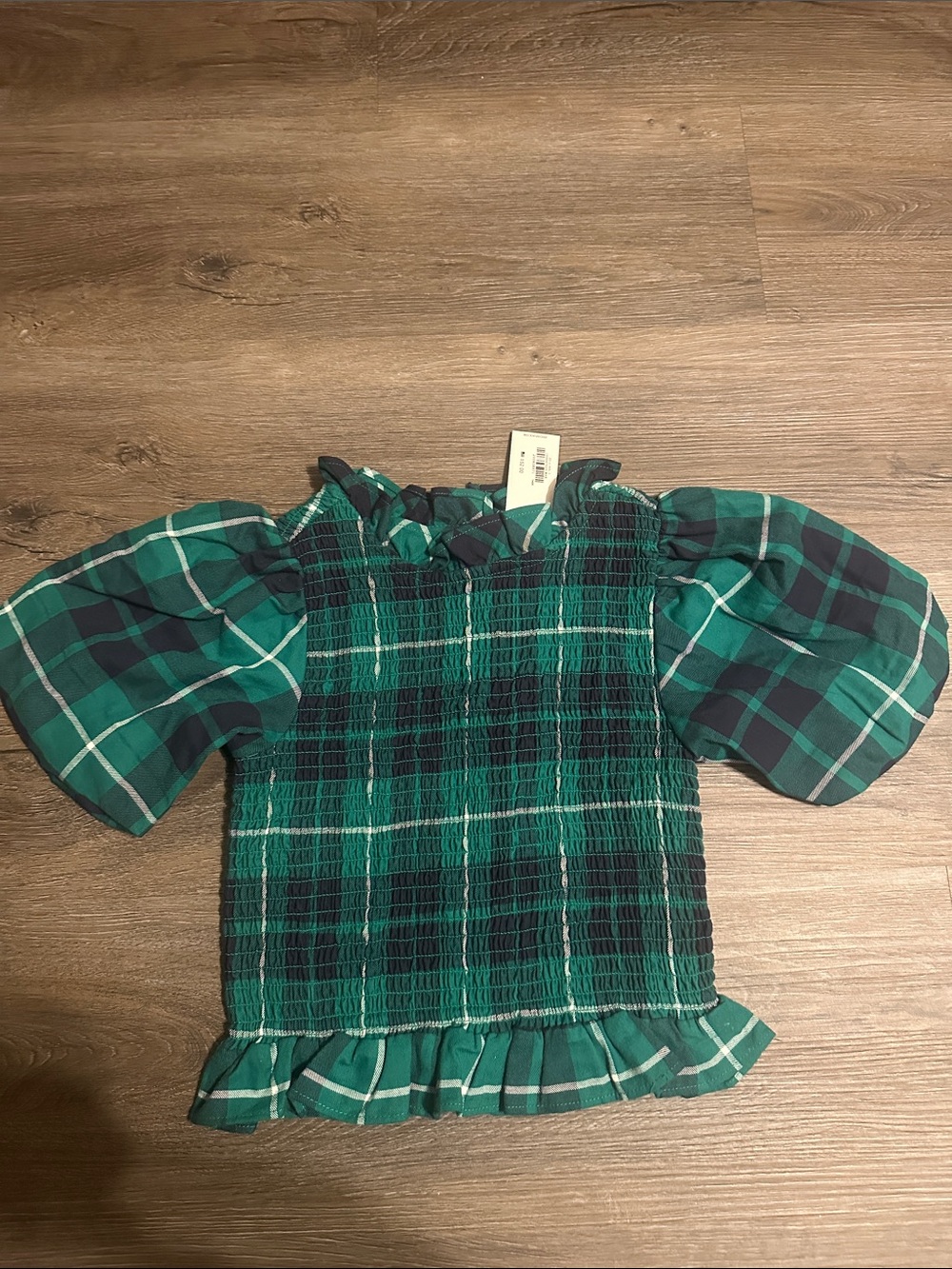 Janie and Jack Plaid Green Smocked Puff-Sleeve Top size 6